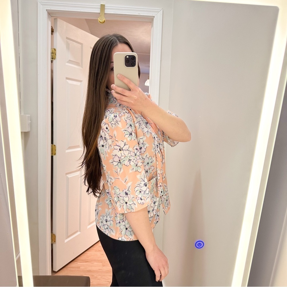 Cape Cod Match Mates Vintage Floral Ruffle Tie Collar Button Up Short Sleeve Top - Picture 3 of 8